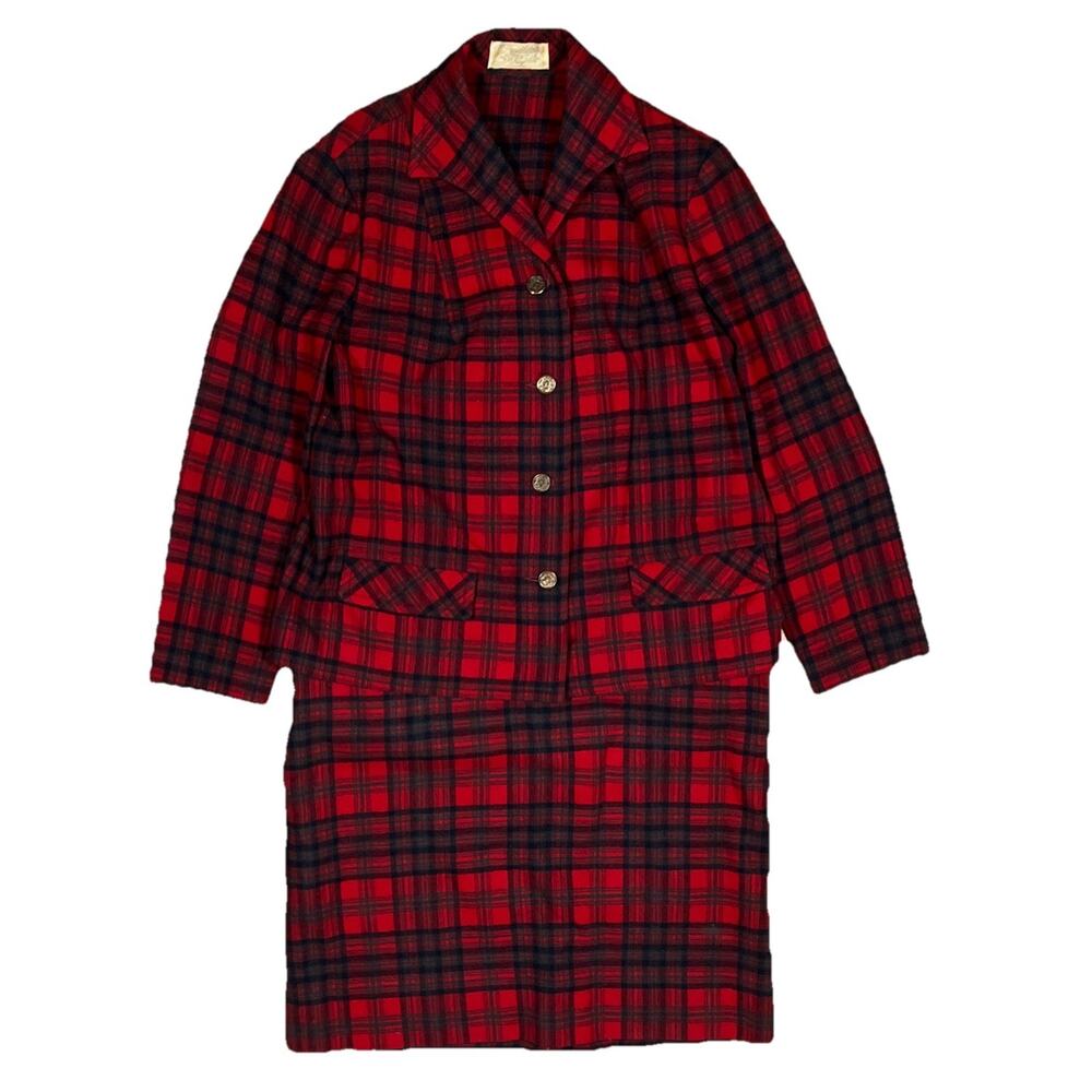 True Vintage Pendleton Red Wool Plaid Skirt Blazer Suit Set 16 Talon Gold Button